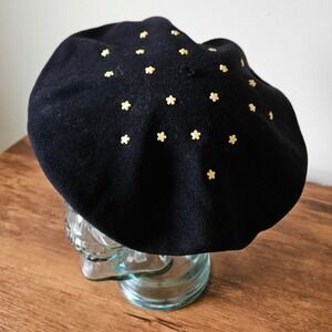 Vintage Black‎ 100% Wool Felt 60s 70s Daisy Flower Power Studded Beret Hat Cap